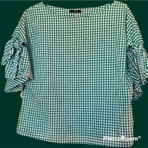 SOPRANO Green/White Gingham Cropped Blouse w/ Flutter Tie Sleeve, Sz Small, EUC.